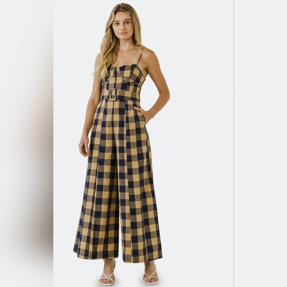 English Factory Pants - ENGLISH FACTORY Check Belted Jumpsuit Combo Gingham Wide Leg NWT  Navy/Beige